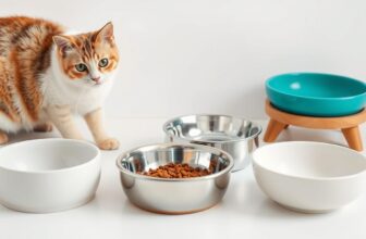 Various types of cat food bowls arranged on a clean surface with a cat looking curiously