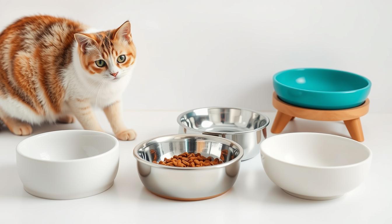 The Complete Guide to Cat Food Bowls: Choosing the Perfect Feeding Solution Various types of cat food bowls arranged on a clean surface with a cat looking curiously