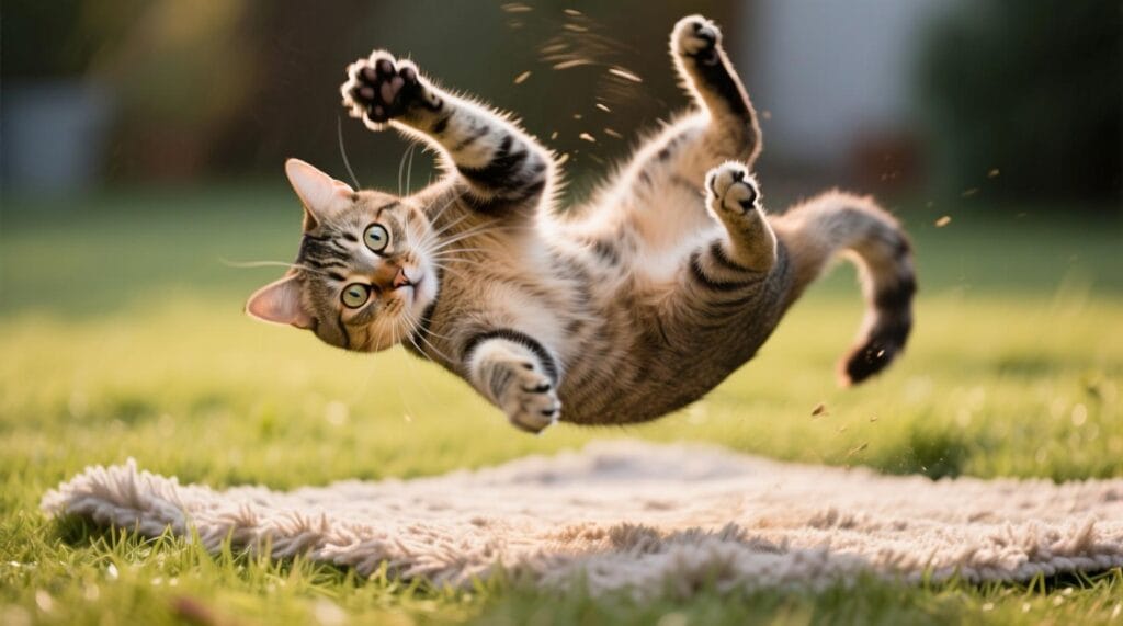 Cat falling with extended limbs demonstrating terminal velocity do cats land on their feet